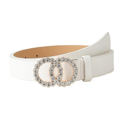 SYGA PU Leather Belt Rhinestone Waist Round Buckle Belt -White