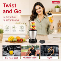 CORVELL Nutri 500W Portable Juicer Mixer Grinder, Silver, 3 Jar | For Smoothies & Shakes, High Capacity Jars with Sipper, For Kitchen, Gym, Travel & Office, 2 Year Warranty