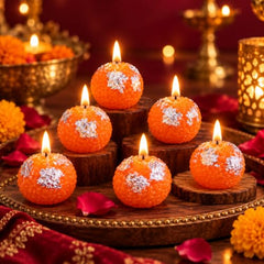 TIED RIBBONS Set of 6 Motichoor Ladoo Shaped Candles for Home, Pooja & Gifting | Wedding & Festival Décor | Candle for Gift - Diwali Decoration Items for (2-3 Hours Burning Time, Unscented)