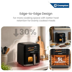 Crompton Ameo Edge 5L Digital Air Fryer, NutriGuard Technology, 10 Preset Menus, Interactive Digital Display, SilentPro Technology, Edge-to-Edge Design,1 Year Warranty (ACGAF-AMEO EDGE 5L)