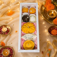 CANDLE MANSION Mithai Candle Gift Set of 7 Handmade Soy Wax Modak, Laddu, Kaju Katli & Imarti Decorative Scented Candles | Rakhi Gift Hamper for Brother | Diwali, Wedding & Festive Giftings Home Decor