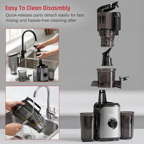 DOMESTICA Dripdrop Cold Press Juicer for Home with 108mm Wide Feed Chute | Slow Juicer Machine for Fruit, Veggie & Nut Milks | Smart Reversal Technology & Triple Strainers For High Nutrition