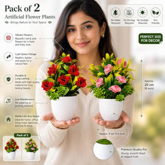 Asharya® Artificial Flower Plants for Home Décor – Set of 4 Mini Potted Plants (7 Inch) in White Pots | Pink, Yellow, Red & Blue Faux Flowers for Living Room, Office, Indoor Outdoor Decoration
