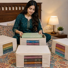 JD FRESH 3 Pcs Cotton Saree Covers/Storage Bags with Zip Cover/Space Saving Bag with Transparent Window/Wardrobe & Cupboard Organizer for Clothes/Bedsheets/Lehengas (16 x 13 x 3 Inch/Off White)