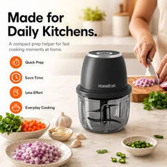 HOMEBASIC 350ml Rechargeable Electric Chopper | 6 Stainless Steel Blades | One-Touch Operation | Compact Mini Food Processor for Onion, Garlic, Ginger, Vegetables, Meat, Nuts | USB Charging