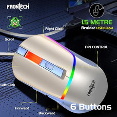 FRONTECH MS-0105 Wired Gaming Mouse | 7200 DPI | 6 Programmable Buttons | 7-Color RGB Gaming Mouse Rainbow Lighting | Ergonomic Gaming Mouse | White & Blue | USB Interface | 1.5m Braided Cable