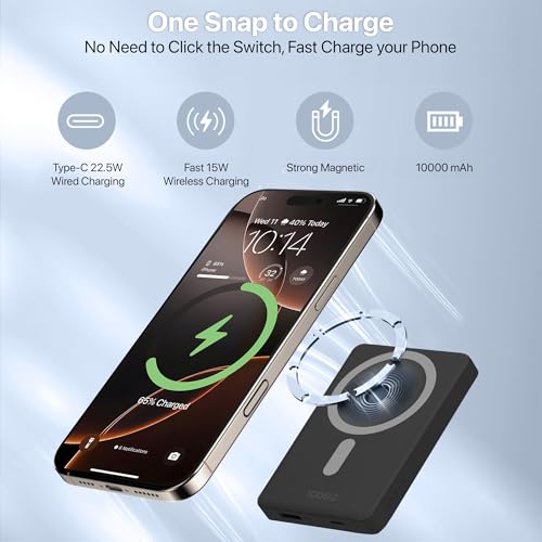 10000mAh Magnetic Wireless Power Bank Sylaris Magpro for iPhone 17/16/15/14/13/12 Series Type C Fast Charging Lithium Polymer Battery (Input & Output) 15w Wireless & Mag-Safe - Black