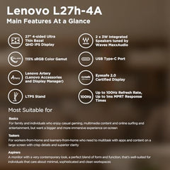 Lenovo L-Series 27 inch (68.5cm) QHD IPS Monitor| 100Hz, 1ms, FreeSync, 99% sRGB, 90% DCI-P3, 3Wx2 Speakers, 2X HDMI 2.1, 1x DP 1.4, Tilt, Swivel, Pivot Height Adjust Stand, Grey, L27q-4A