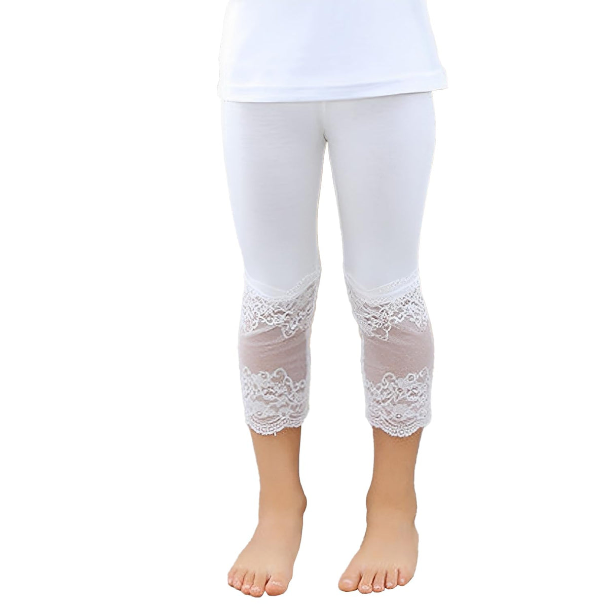 SYGA Girls Capri Leggings Modal Lace Cropped Pants for Your Little Princess Suitable for Age 3-4 Years Old(White)