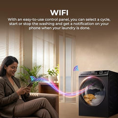 Haier 10Kg, 5 Star, AI Smart Wash, Hygiene Refresh with Inbuilt heater, 525 mm Super Drum, Direct Motion Motor, WiFi Fully Automatic Front Load Washer (EFL120-DM14IEIS8U1 | Dark Jade Silver)
