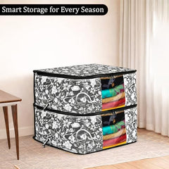 Kuber Industries Flower Print Foldable Woven Underbed Storage Bag|Large Storage Organiser|Blanket Cover with Transparent Window|Size 65 x 45 x 31 CM (Black)-KUBMART16598(Fabric)