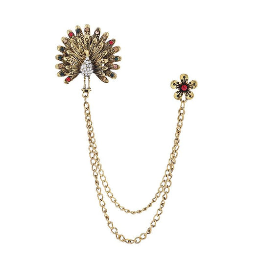 SYGA Men's & Women Suit Shirt Stud Lapel Pin Chain Tassel Brooch Pin with Crystal Chain(Peacock)