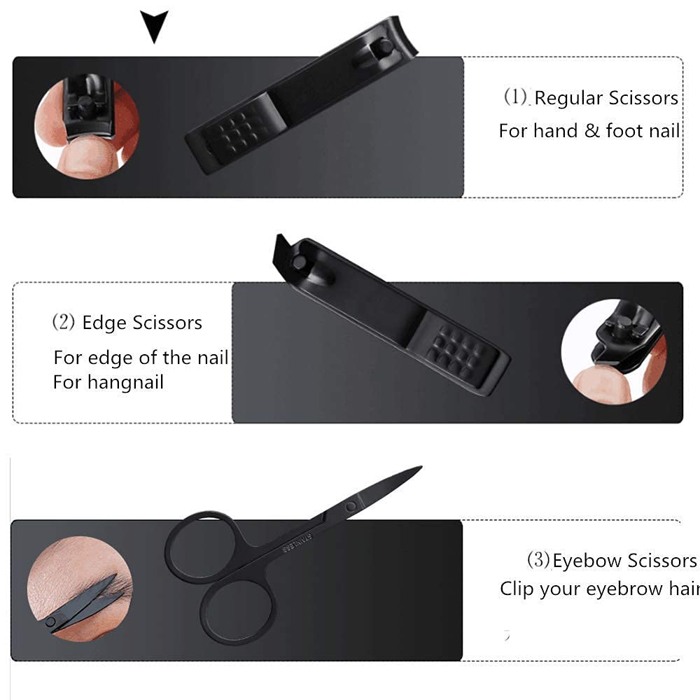 SYGA Black Nail Clippers Nail Cutter Scissors Beauty Nail Tool Manicure Set with Leather Case - Set of 7