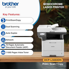 Brother DCP-L5660DN (New Launch) Auto Duplex Laser Printer, 48 PPM, Dual Scanning, Print Scan Copy, 3.5" Touch Screen Display, 70 Pages ADF, LAN, 250 Sheet Tray, 11000 Pages Toner, Free Installation