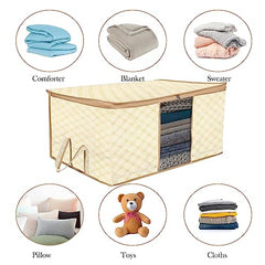 Kuber Industries Non-Woven Underbed Storage Bag | Clothes Storage Organizer | Blanket Cover With Clear Window | Zipper Closure & Handle Cloth Organizer | Check-Design | Large | Pack Of 4 | Cream