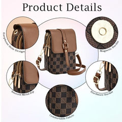 MOMISY Women PVC Crossbody Sling Bag | Checkered Pattern Mini Shoulder Purse with Adjustable Strap (Coffee)