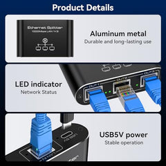 VEDINDUST LAN Splitter 1 to 4 1000 Mbps Aluminium LAN Switch Network Switch LAN Distributor Gigabit Ethernet Switch for Computers, Hubs, Switches, Router, Set-Top Box (with USB-C Power Cable)