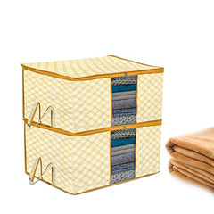 Kuber Industries Non-Woven Underbed Storage Bag | Clothes Storage Organizer | Blanket Cover With Clear Window | Zipper Closure & Handle Cloth Organizer | Check-Design | Large | Pack Of 4 | Cream