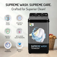 VW Visio World 8.5 kg semiautomatic Top Load Washer Only with Powerful Wash, V8 Supreme-Wash, Black/Grey