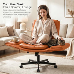 DROGO Zen Atora Ergonomic Criss Cross Legged Office Chair for Work with 5 Gear Armrest & Wide Thick Cushion Seat | PU Leather Computer Chair with Adjustable Height, Recline & Heavy Metal Base (Black)
