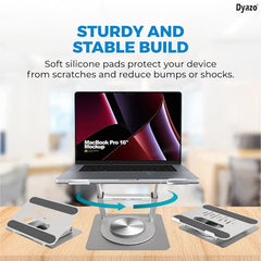 Dyazo 360° Rotating Laptop Stand Holder | Height Adjustable & Foldable Riser for 10-15.6 Inch Laptop | Anti Slip Pads with Heat Vent | Compatible for MacBook, Dell, HP, Lenovo & Other Notebook- Silver
