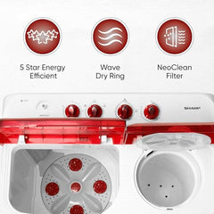 SHARP 9.0 kg, 5 star, Semi-Automatic Top Loading Washing Machine with HydroBlast Wash, Quadroniq Pulsator, 1300 RPM (ES-SD90NB-PR, Ruby Red, Pure Wave)