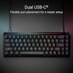 ROG Falchion Ace HFX 65% gaming keyboard with ROG HFX magnetic switches, rapid trigger toggle, 8000 Hz polling rate, three-layer dampening foam, silicone gasket mount, touch panel and protective cover