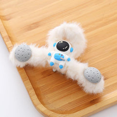 MOMISY Soft Faux Fleece Fur Large Hair Clutcher/Barrette Clip/Claw/Clamp/Pin/Fluffy/Accessories, Random Color For Women & Girls-Pack of 2 (Astronaut, Flower-White)