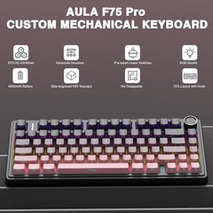 AULA F75 Pro Wireless Mechanical Keyboard,75% Hot Swappable Custom Keyboard,RGB Backlit,Pre-lubed Linear Switches,Side Printed PBT Keycaps Mechanical Gaming Keyboards,Gradient Purple