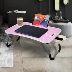Amazon Basics Engineered Wood Foldable Laptop Table with Cup Holder, Tablet Groove and Mini Drawer (60L x 40W x 26H cm, Black)