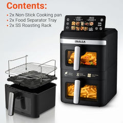 INALSA Double Basket Air Fryer 2800W & 14 L (7L+7L) Large Capacity |Non Toxic,BPA Free|PFOA Food Safety Certified|Cook 2 Full Meals Together|Flip Digital Screen|NutriFry DuoSlim