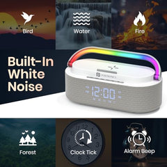 Portronics String 16W HD Sound Bluetooth Speaker with 15W Wireless Charging, RGB LED Lights, Digital Clock with Alarm Setting, Built-in White Noise, USB/SD Card/AUX in, Type C Charging(White)