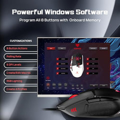 EvoFox Phantom 2 Programmable Gaming Mouse, 8 Programmable Buttons | High Performance 1000Hz Polling Rate | Ultra-Responsive 7000 FPS | 12800 DPI | RGB Lights with Music sync Mode, Windows Software