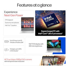 HP 15 Smartchoice, Intel Core Ultra 5 125H 12 TOPS, 24GB DDR5 (Upgradeable) 1TB SSD,Anti-Glare, FHD, 15''/39.6cm,Win11, M365*Office24, Silver, 1.65kg, FD1458TU, FHD Camera w/Shutter, Backlit AI Laptop