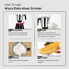 Wipro Elato FMG209 800 Watt Mixer Grinder with 4 Jars,Heavy Duty 100% Copper Ball Bearing Motor with 5 Year Warranty,Superfast Grinding,Clip Lids - Hands Free use, 4 Jars Mixer Grinder 800 Watt,Black