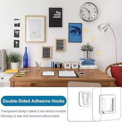 AMIQUS 10 Pcs Hevy Duty Self Adhesive Hook for Hanging Kitchen Item and Other Stainless Steel, Gold Waterproof, Strong Towels, Keys, Utensils,Robes Double-Sided Transparent (Double Claw V Shape)