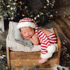 MOMISY Christmas Striped Newborn Photography Prop Set, Red and White Cap and Pants, Holiday Photo Costume