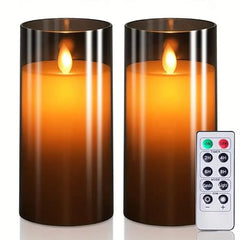 Flameless LED Pillar Candle Set of 2 | Acrylic Fiber Glass | Dancing Faux Wick | Remote Control with Battery Operated 3 AA | Home Décor & Gifting | 3" D x 6" H | Red