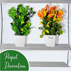 Asharya® Artificial Flower Plants for Home Décor – Set of 4 Mini Potted Plants (7 Inch) in White Pots | Pink, Yellow, Red & Blue Faux Flowers for Living Room, Office, Indoor Outdoor Decoration