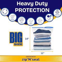 GREENTWISH Zip 'N' Seal Reusable Transparent Storage Bag with Slider Zip Lock, Organiser for Clothes, Shoes, Garment, Home and Travel, Space Saver Plastic Bag | Jumbo Size (14x16 Inch) | 30 Bags