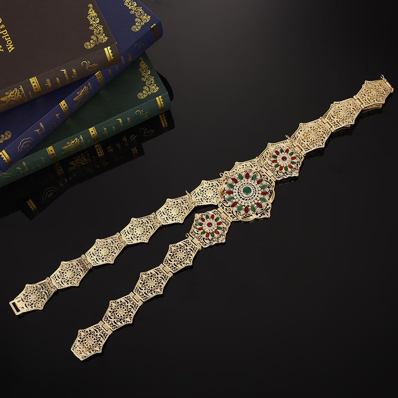 SYGA Women's Bridal Gift Diamond Rhinestone Inlaid Single Circle Noble Round Crystal Hollow Flower Metal Belt For Saree (Gold)