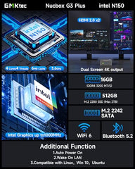 GMKtec Mini PC, Intel Twin Lake N150 (Upgraded N100), 16GB DDR4 RAM 512GB PCIe M.2 SSD, Desktop Computer 4K Dual HDMI/USB3.2/WiFi 6/BT5.2/2.5GbE RJ45 for Office, Business