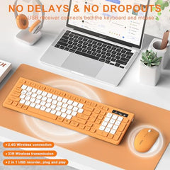 Wireless Keyboard and Mouse Combo, Full-Sized Wireless Keyboard and Adjustable DPI Mouse, 2.4GHz USB Receiver, Keyboard and Mouse for PC, Windows, Desktop, Laptop (Orange-B)