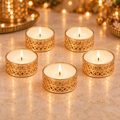 Little Blooms 12-pcs Metal Tea Light Holder - Golden Round Decorative Diya Stand | Tealight Candle Holders for Home Decor | Elegant Tealight Holder for Festivals & Special Occasions
