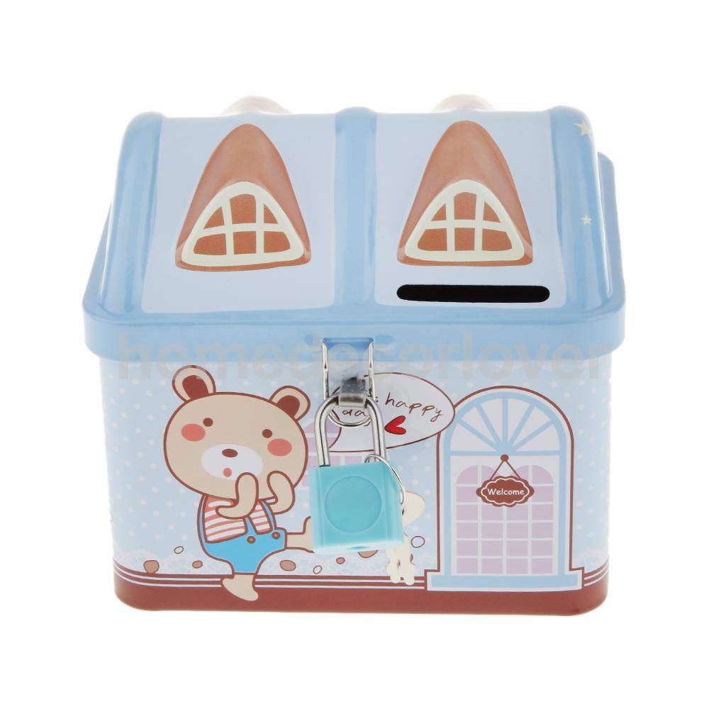 Syga 1 Piece Money Saving House Shape Tin,Coin Bank with Lock and Key_Blue