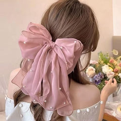MOMISY Elegant Chiffon Bow Hairpin for Women | Pearl Decor Fluffy Back Head Clip | Korean Style Large Hair Accessory (Pink)
