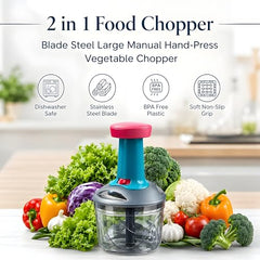 iKAN Manual Hand Press Push Chopper with 3 Blades for Effortless Chopping Vegetables & Fruits (Assorted, 700 ml, Plastic)