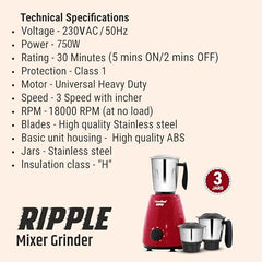 Greenchef Ripple Mixer Grinder - 3 Stainless Steel Jars with Stainless Steel Blades, 750 Watts, 230-240v, 18000 RPM, Red Color, ABS Body, ISI Certified, Heavy Duty Motor, 5 Year Warranty on Motor