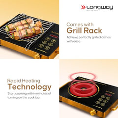 Longway Infralite Pro 2200W Infrared Hot Plate Cooktop with Steel Grill Rack, Crystal Glass Top, Touch Panel & Digital Display, 4 Preset Modes – Stir Fry, BBQ, Hot Pot & Steam, Black