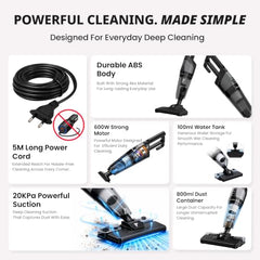FASTRON Turbo Sweep 3-in-1 Handheld Vacuum Cleaner | 600W Corded with 20KPA Suction | Wet & Dry Vacuuming with Floor Mopping | 200ml Water Tank for Home & Car Cleaning